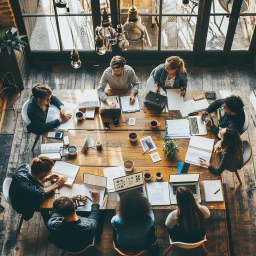 A diverse team collaborates around a large rustic wooden table in a sunlit office space.